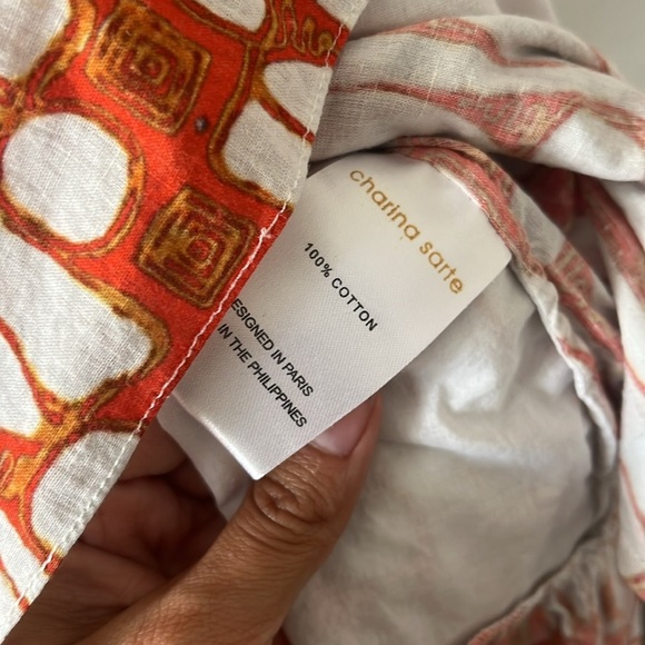 Charina Sarte Ruffle Tala Mini Dress | Print/Orange/ White/ Brown | Size Small - Picture 4 of 6